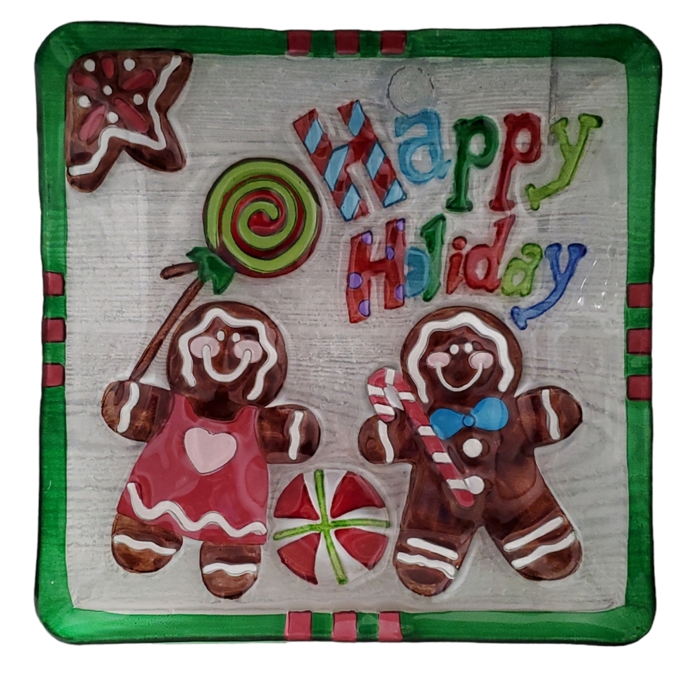 Fused Glass Christmas Holiday Platter Gingerbread Boy and Girl Lollipops